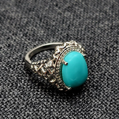 Sterling Silver Turquoise Ring, 925 Silver Genuine Turquoise with White Topaz Ring, Blue Gemstone Big Ring