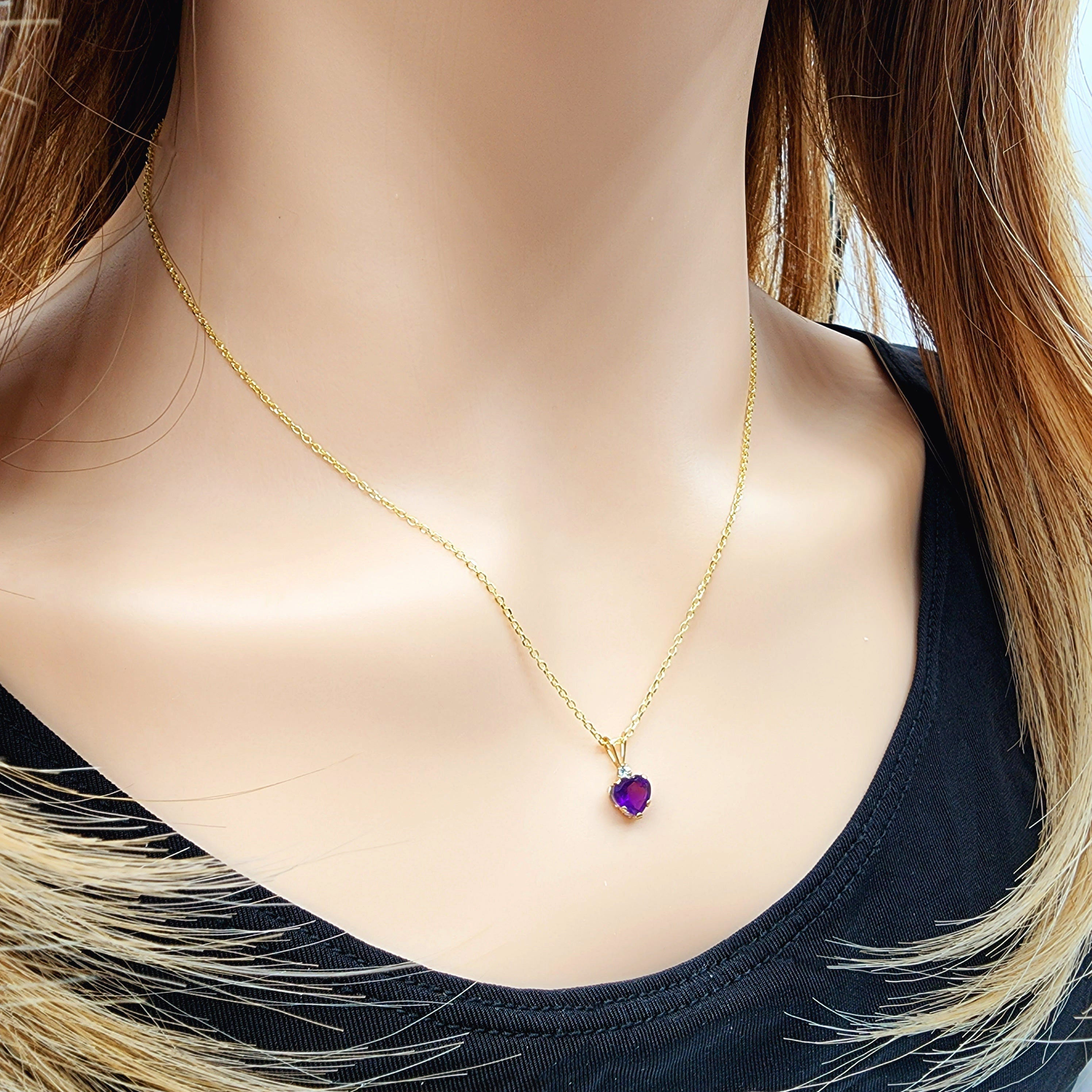 Gold Genuine Amethyst Pendant Necklace, 10K Yellow Gold Genuine Amethyst 6x6mm Pendant, Heart Shaped Purple Amethyst Pendant for Her