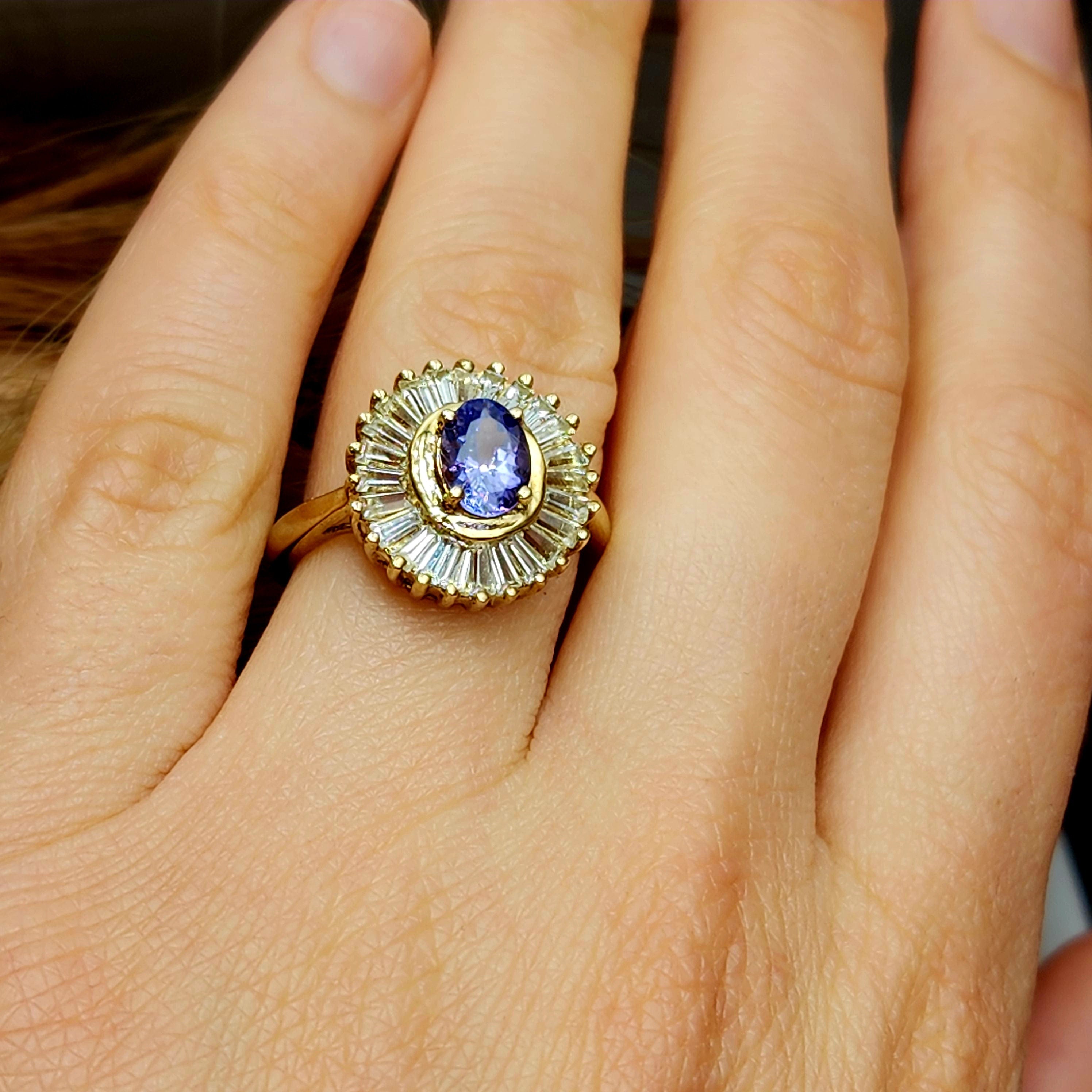 Sterling Silver Tanzanite Ring, Sterling Silver Genuine Tanzanite 7x5mm with CZ Ring, Blue Gemstone Big Ring