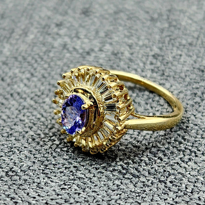 Sterling Silver Tanzanite Ring, Sterling Silver Genuine Tanzanite 7x5mm with CZ Ring, Blue Gemstone Big Ring