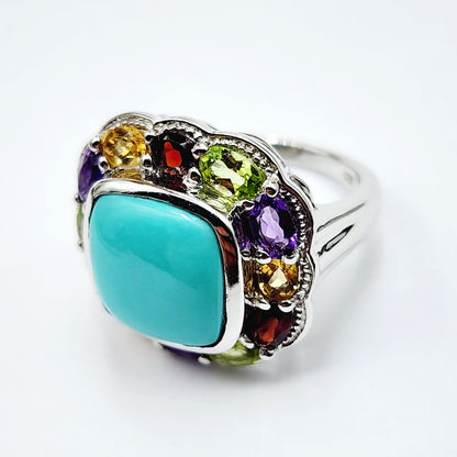 Sterling Silver Square Turquoise Ring with Genuine Gemstone, Family Birthstone Ring, Dainty Birthstone Ring, Multiple Birthstone Ring