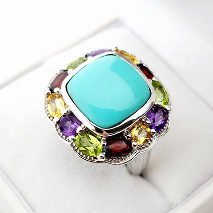 Sterling Silver Square Turquoise Ring with Genuine Gemstone, Family Birthstone Ring, Dainty Birthstone Ring, Multiple Birthstone Ring