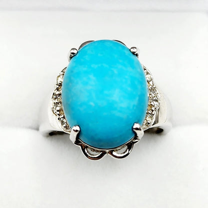Sterling Silver Turquoise Ring, 925 Silver Genuine Turquoise with White Topaz Ring, Blue Gemstone Big Ring For Gift