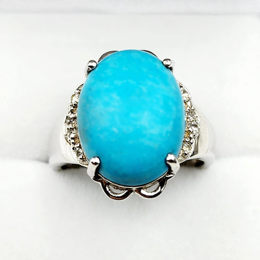 Sterling Silver Turquoise Ring, 925 Silver Genuine Turquoise with White Topaz Ring, Blue Gemstone Big Ring For Gift
