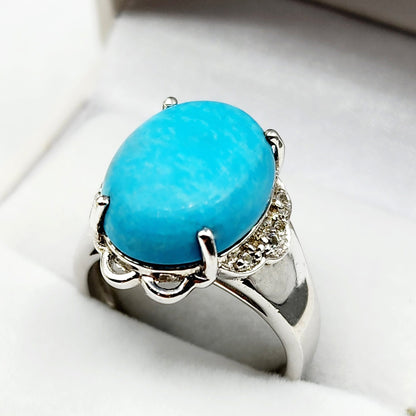 Sterling Silver Turquoise Ring, 925 Silver Genuine Turquoise with White Topaz Ring, Blue Gemstone Big Ring For Gift