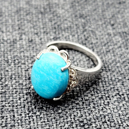 Sterling Silver Turquoise Ring, 925 Silver Genuine Turquoise with White Topaz Ring, Blue Gemstone Big Ring For Gift