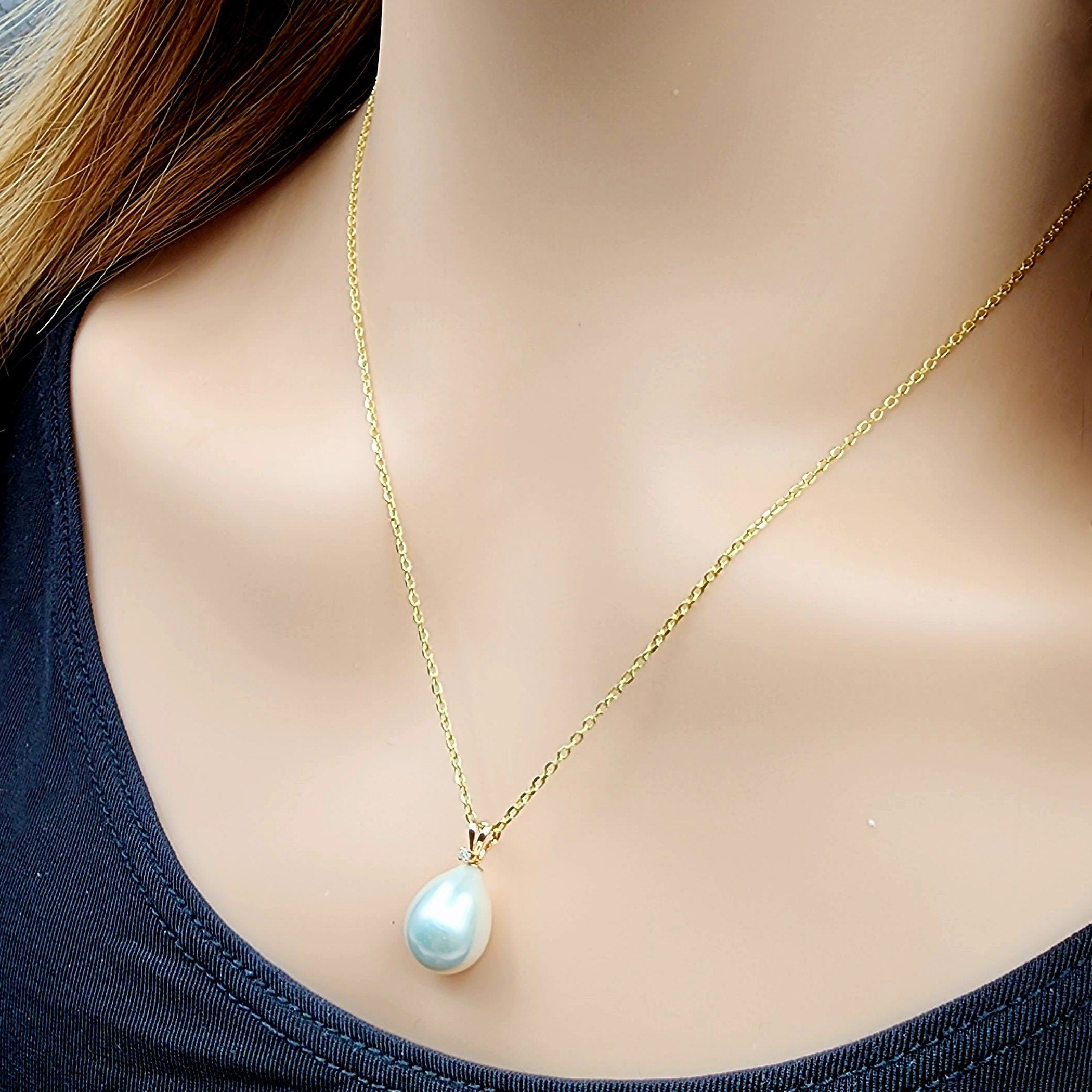Gold Pearl Pendant Necklace, 14K Gold Fresh Water Pearl and Diamond Pendant, June Birthstone, Necklace for Wedding, Pendant For Her