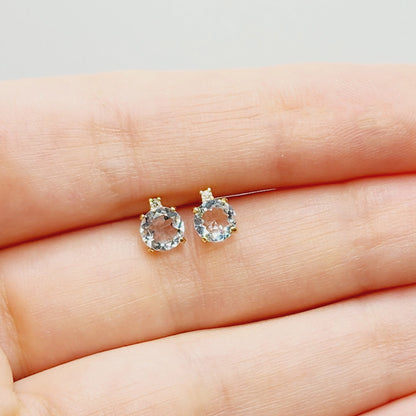 Genuine Aquamarine Earrings | 10K Yellow Gold Aquamarine with Diamond Stud Earrings