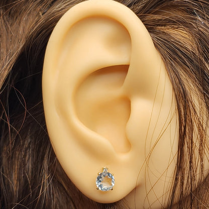 Genuine Aquamarine Earrings | 10K Yellow Gold Aquamarine with Diamond Stud Earrings