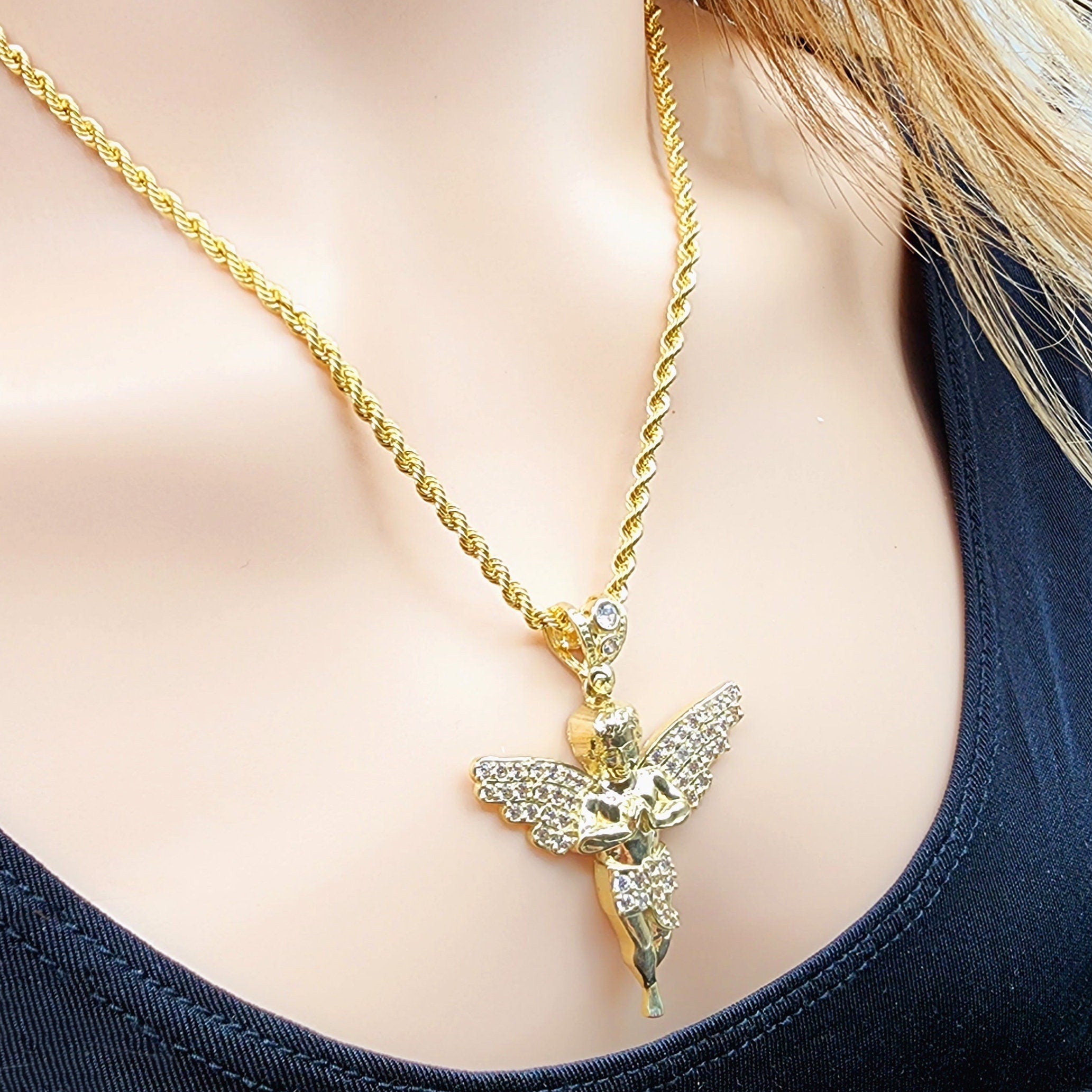 Gold Angel Pendant, 10K Yellow Gold Angel Pendant, Dainty Gold Necklace, Luxury Gift , Boyfriend Gift, Big Pendant, Large Gold Pendant