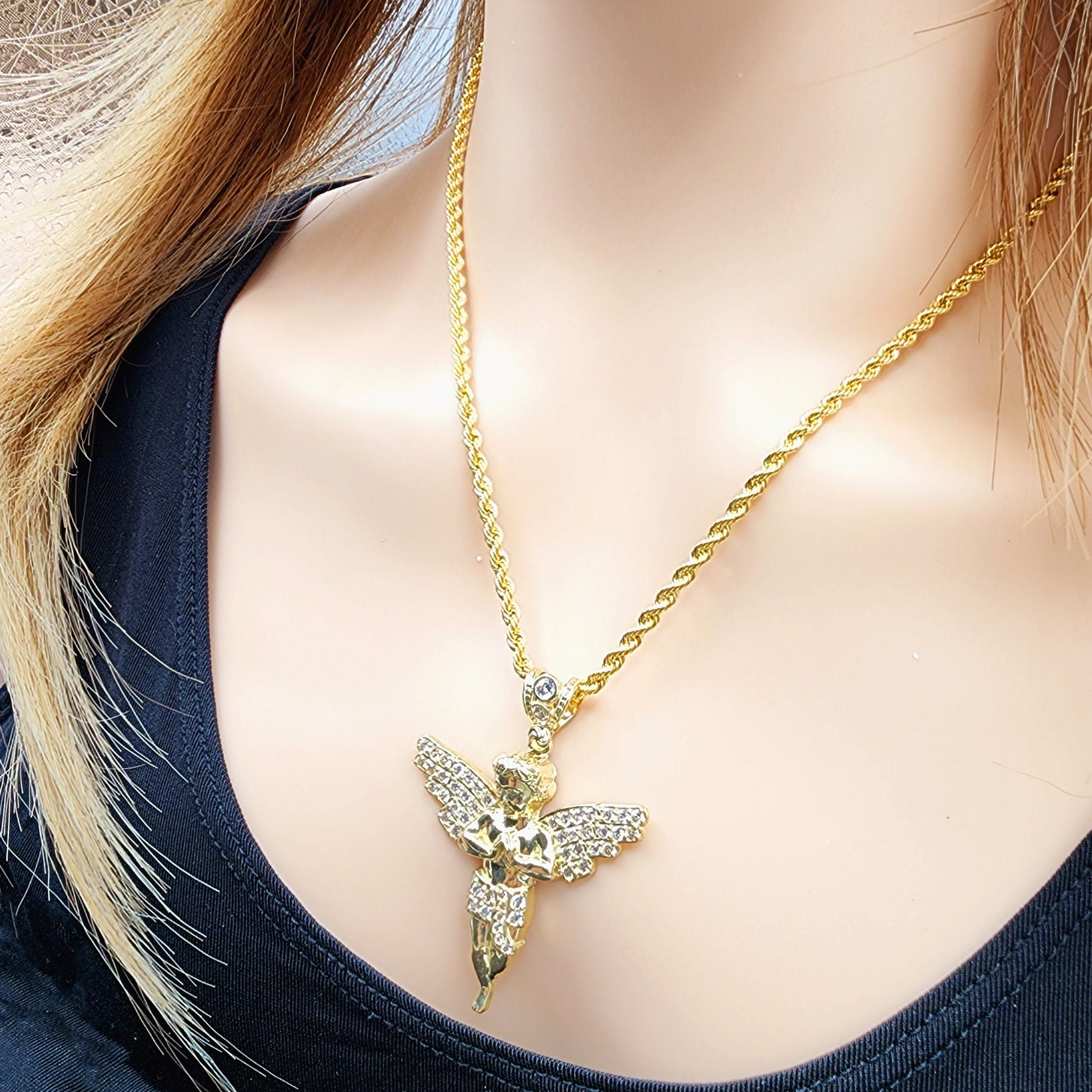 Gold Angel Pendant, 10K Yellow Gold Angel Pendant, Dainty Gold Necklace, Luxury Gift , Boyfriend Gift, Big Pendant, Large Gold Pendant