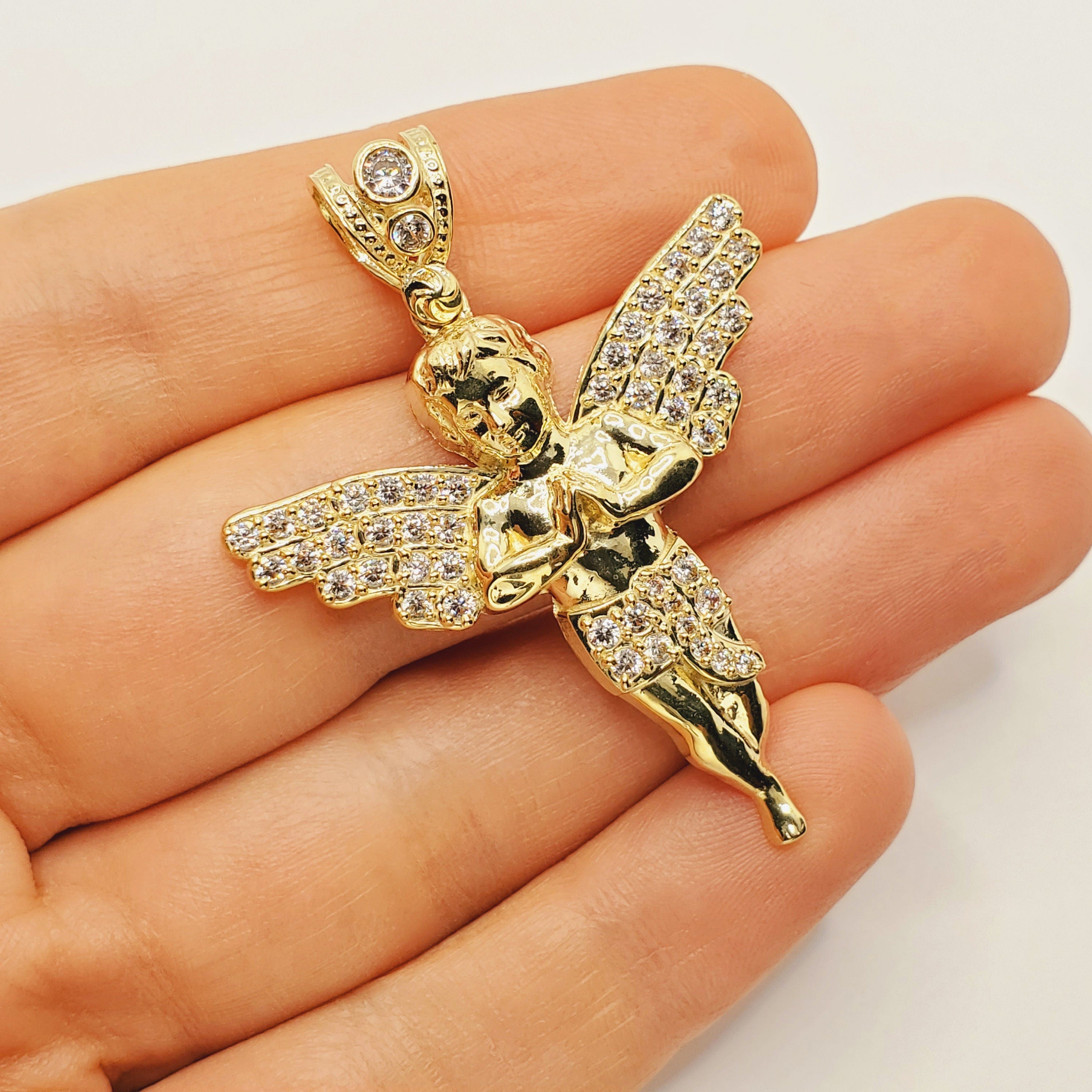 Gold Angel Pendant, 10K Yellow Gold Angel Pendant, Dainty Gold Necklace, Luxury Gift , Boyfriend Gift, Big Pendant, Large Gold Pendant