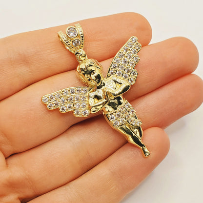 Gold Angel Pendant, 10K Yellow Gold Angel Pendant, Dainty Gold Necklace, Luxury Gift , Boyfriend Gift, Big Pendant, Large Gold Pendant