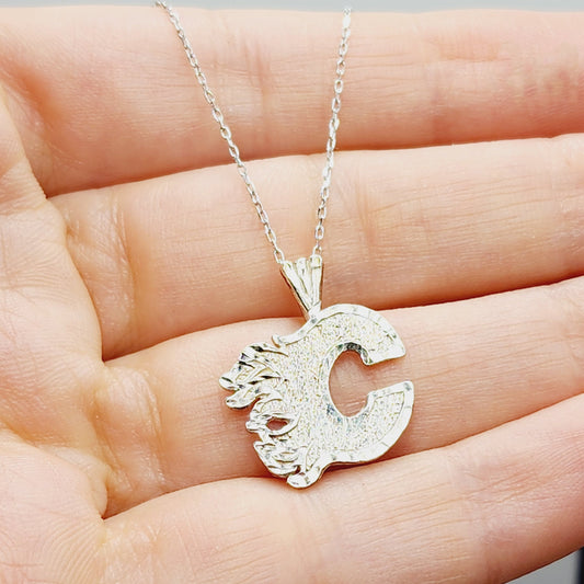 Silver Calgary Flames Pendant, C Logo Calgary Flame Necklace, Silver Calgary Flame Pendant For Gift