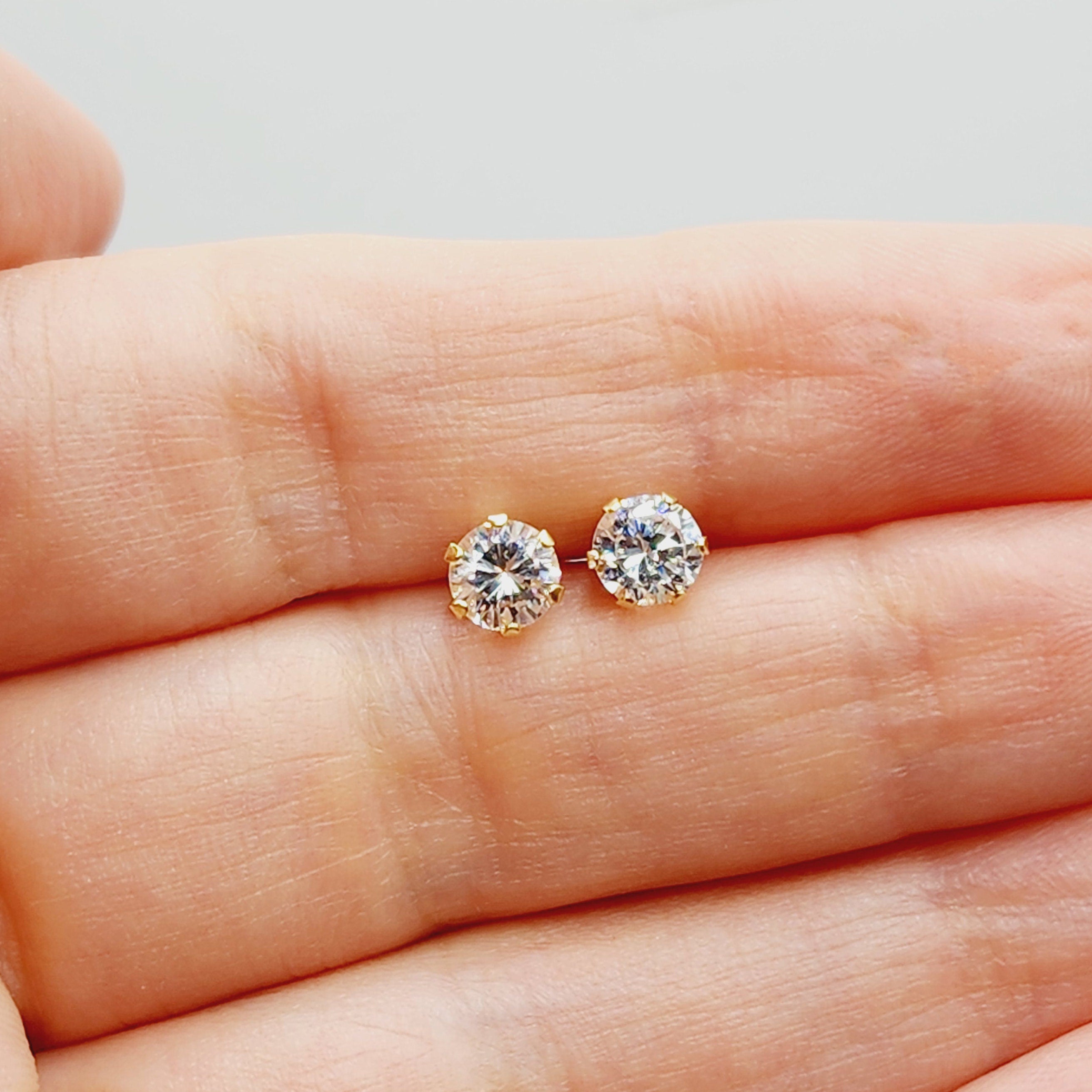 14K Gold Cubic zirconia Stud Earrings | 14K Yellow Gold CZ 5x5mm Stud Earrings, Gemstone Earrings, Gift for Her