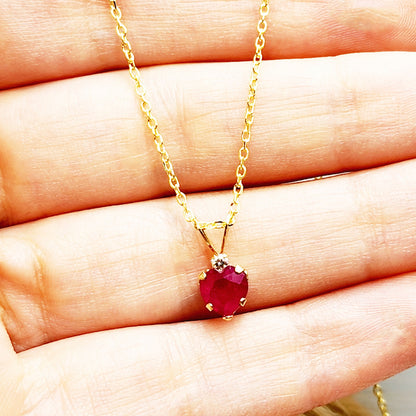 Gold Ruby Pendant Necklace, 10K Yellow Gold Heart Shape Genuine Ruby 6x6mm with White Topaz Pendant, July Birthstone