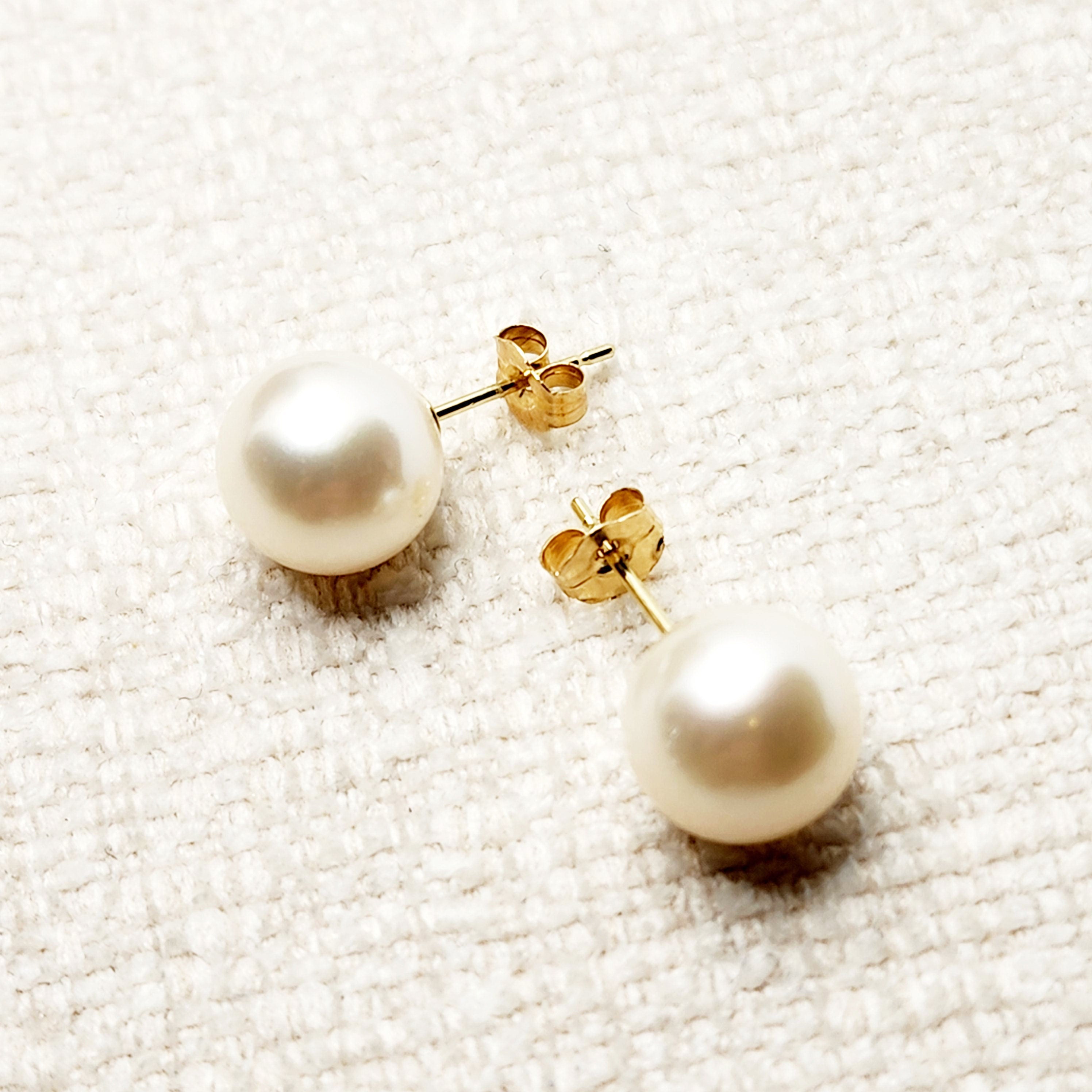 Gold Pearl Stud Earrings , 14K Yellow Gold Genuine Cultured Pearl 9x9mm stud Earrings, June Birthstone, Birthday Gift For Mom