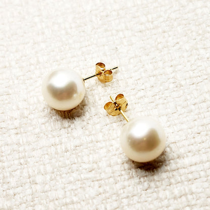 Gold Pearl Stud Earrings , 14K Yellow Gold Genuine Cultured Pearl 9x9mm stud Earrings, June Birthstone, Birthday Gift For Mom