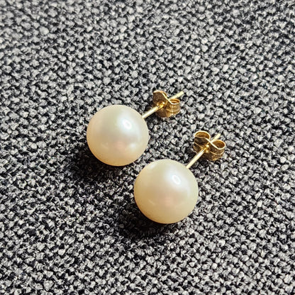 Gold Pearl Stud Earrings , 14K Yellow Gold Genuine Cultured Pearl 9x9mm stud Earrings, June Birthstone, Birthday Gift For Mom