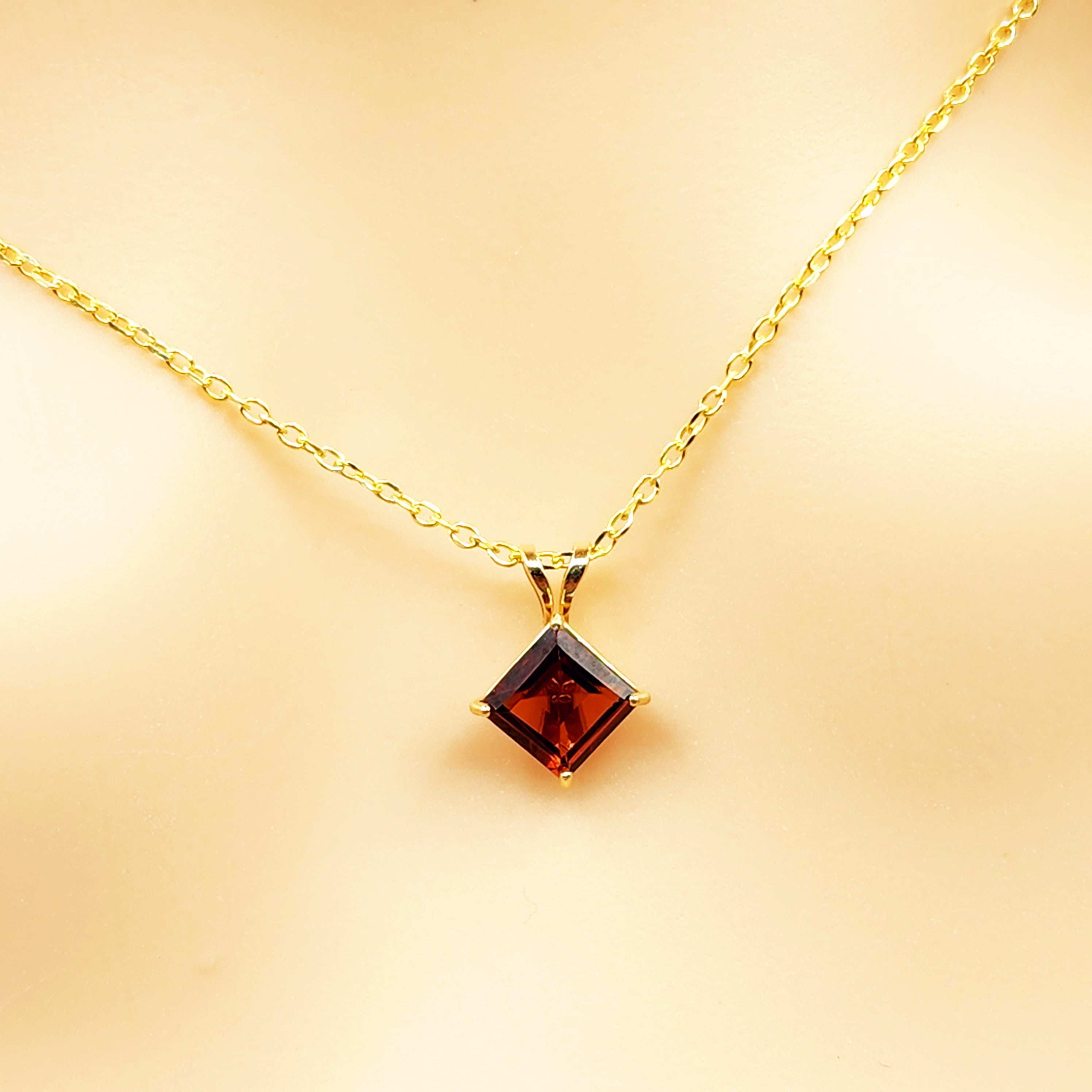 Gold Garnet Pendant Necklace , 10K Yellow Gold Genuine Square Garnet 6x6mm Pendant, January Birthstone, Red Gemstone Garnet Jewelry Gift