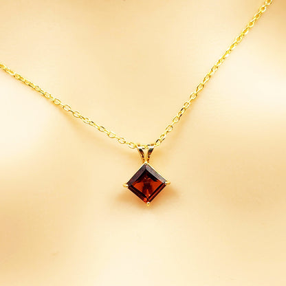Gold Garnet Pendant Necklace , 10K Yellow Gold Genuine Square Garnet 6x6mm Pendant, January Birthstone, Red Gemstone Garnet Jewelry Gift