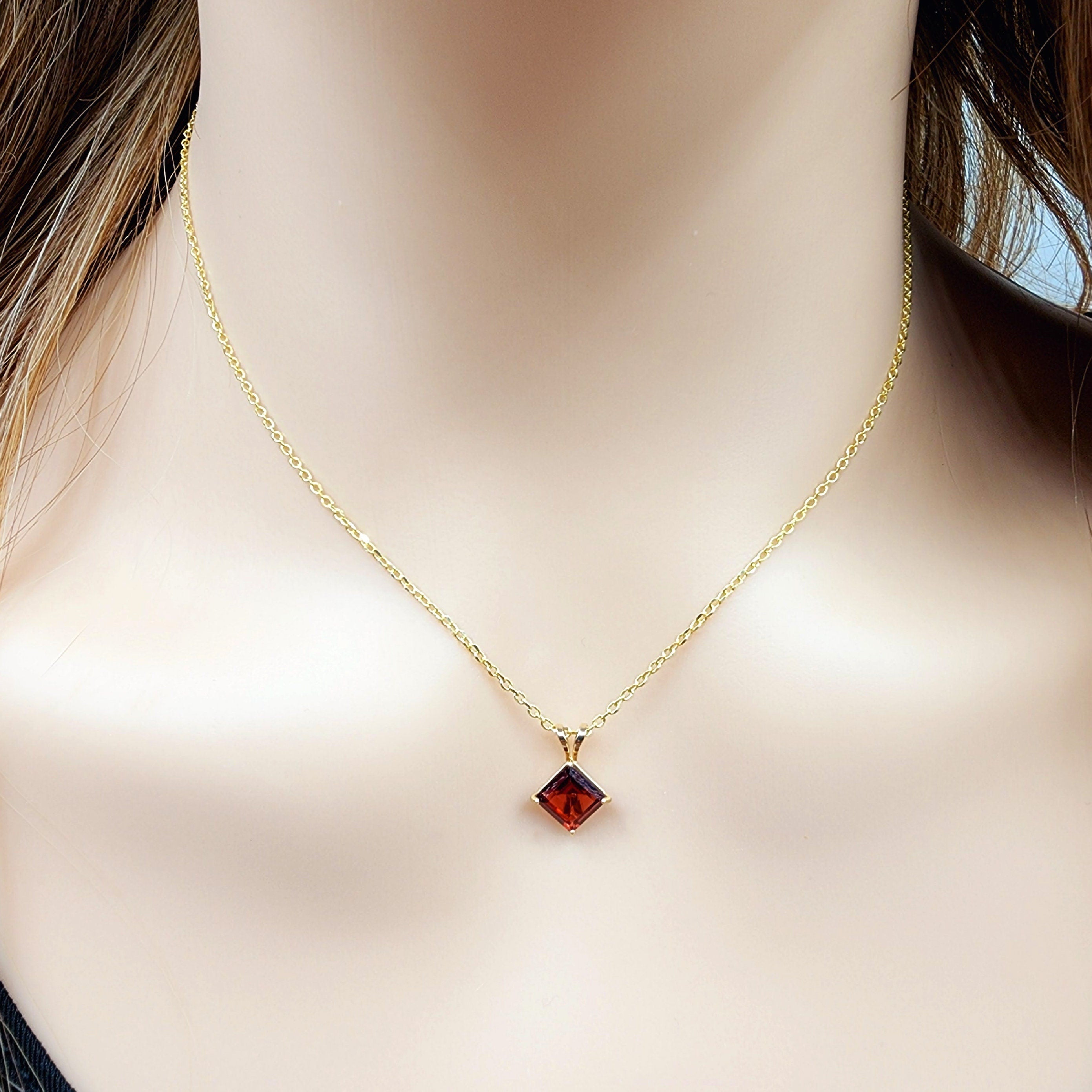Gold Garnet Pendant Necklace , 10K Yellow Gold Genuine Square Garnet 6x6mm Pendant, January Birthstone, Red Gemstone Garnet Jewelry Gift