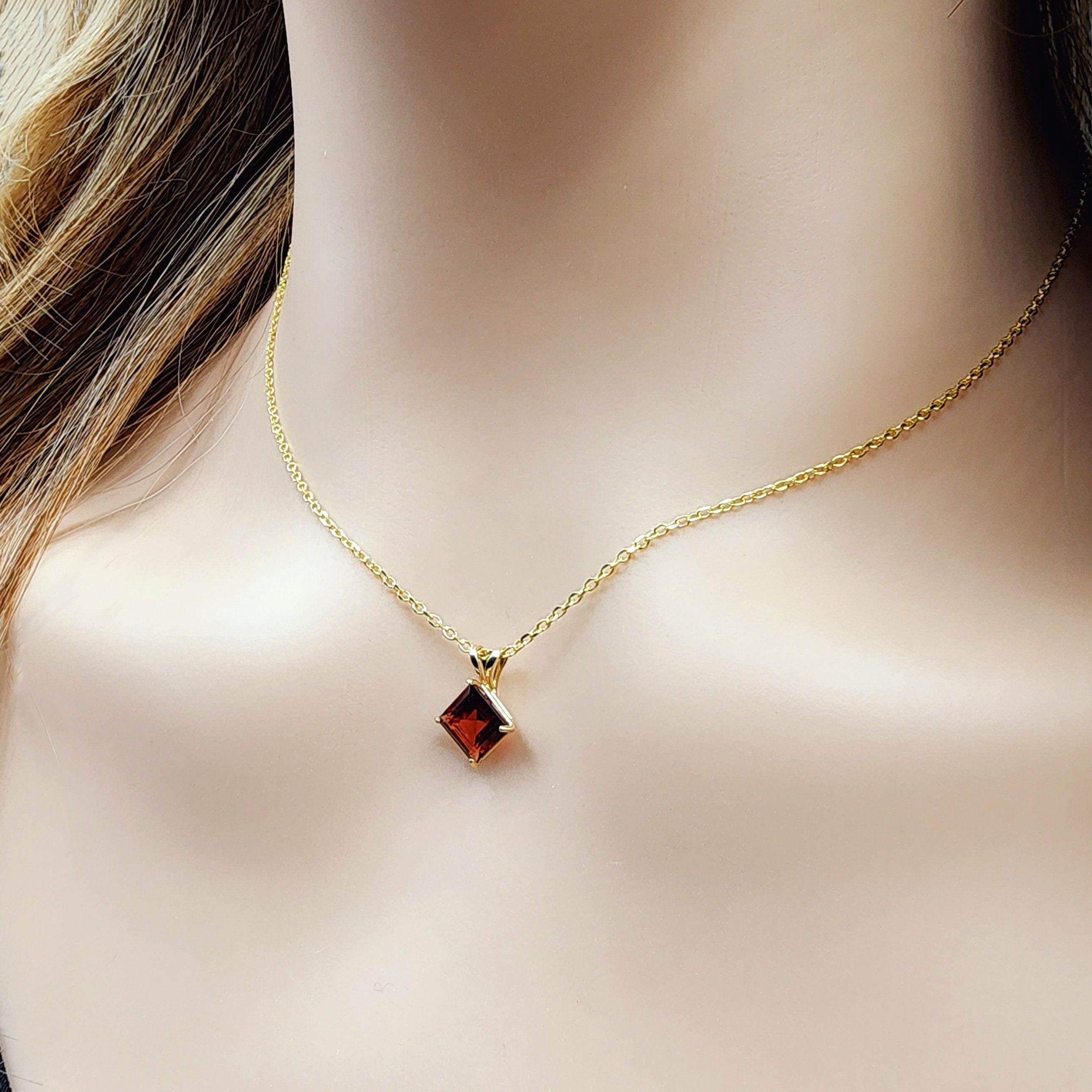 Gold Garnet Pendant Necklace , 10K Yellow Gold Genuine Square Garnet 6x6mm Pendant, January Birthstone, Red Gemstone Garnet Jewelry Gift