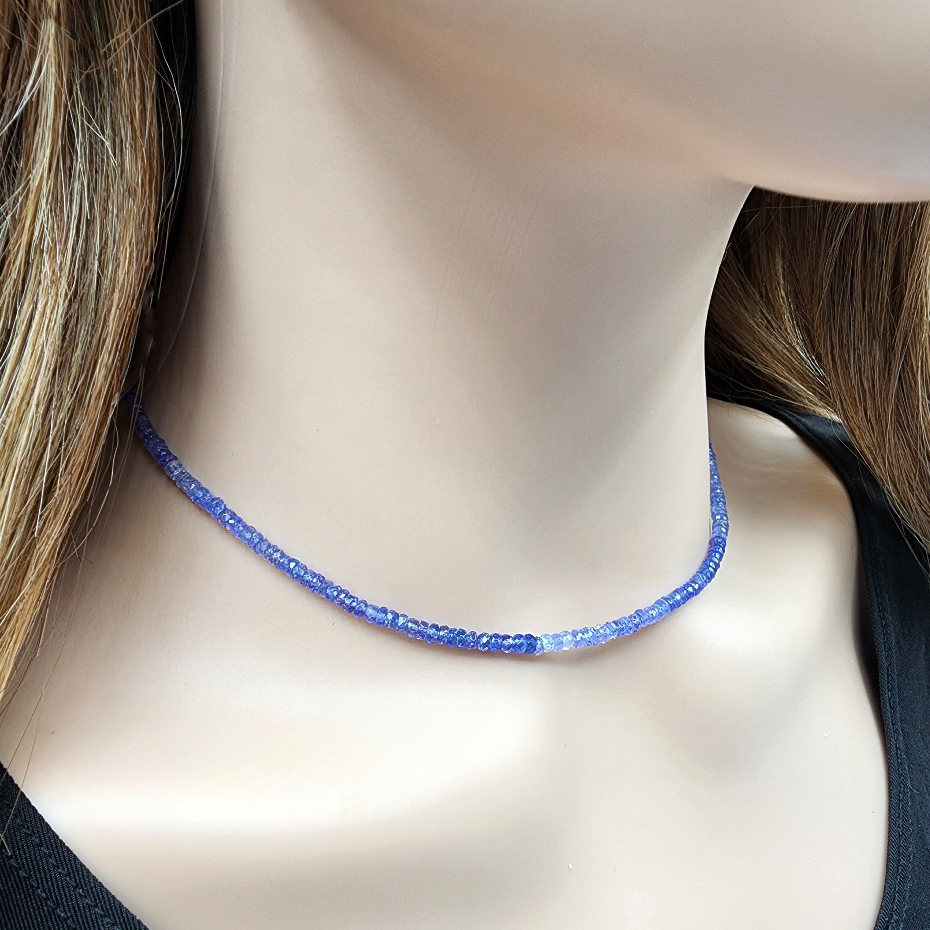 Sterling Silver Tanzanite Necklace, Gemstone Beaded Natural Tanzanite Necklace, Blue Seed Bead Necklace, Dainty Necklace Gift for Birthday