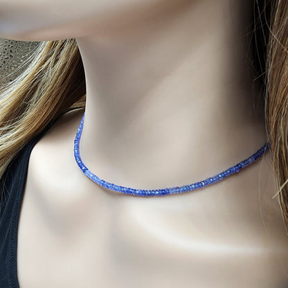 Sterling Silver Tanzanite Necklace, Gemstone Beaded Natural Tanzanite Necklace, Blue Seed Bead Necklace, Dainty Necklace Gift for Birthday