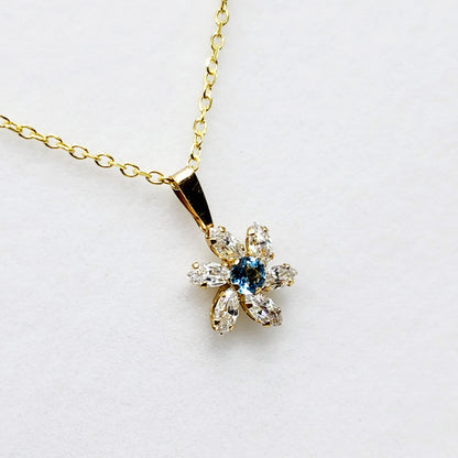 Gold Blue Topaz Starburst Pendant Necklace , 10K Yellow Gold Genuine Blue Topaz and Cubic Zirconia Pendant, Gift for Her, Cute Pendant