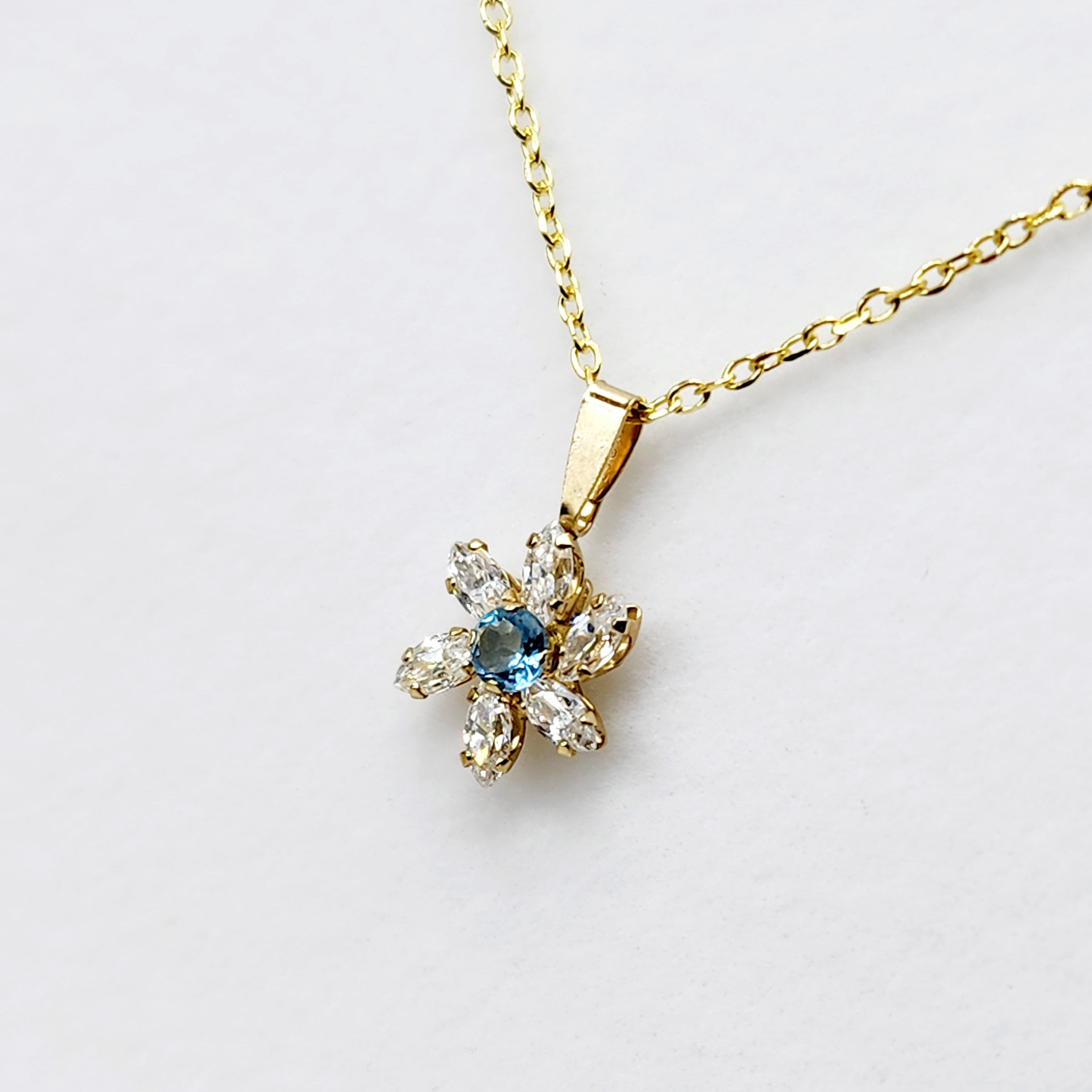 Gold Blue Topaz Starburst Pendant Necklace , 10K Yellow Gold Genuine Blue Topaz and Cubic Zirconia Pendant, Gift for Her, Cute Pendant