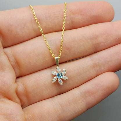 Gold Blue Topaz Starburst Pendant Necklace , 10K Yellow Gold Genuine Blue Topaz and Cubic Zirconia Pendant, Gift for Her, Cute Pendant