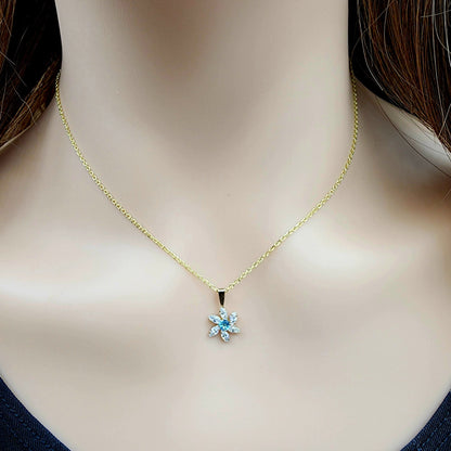 Gold Blue Topaz Starburst Pendant Necklace , 10K Yellow Gold Genuine Blue Topaz and Cubic Zirconia Pendant, Gift for Her, Cute Pendant