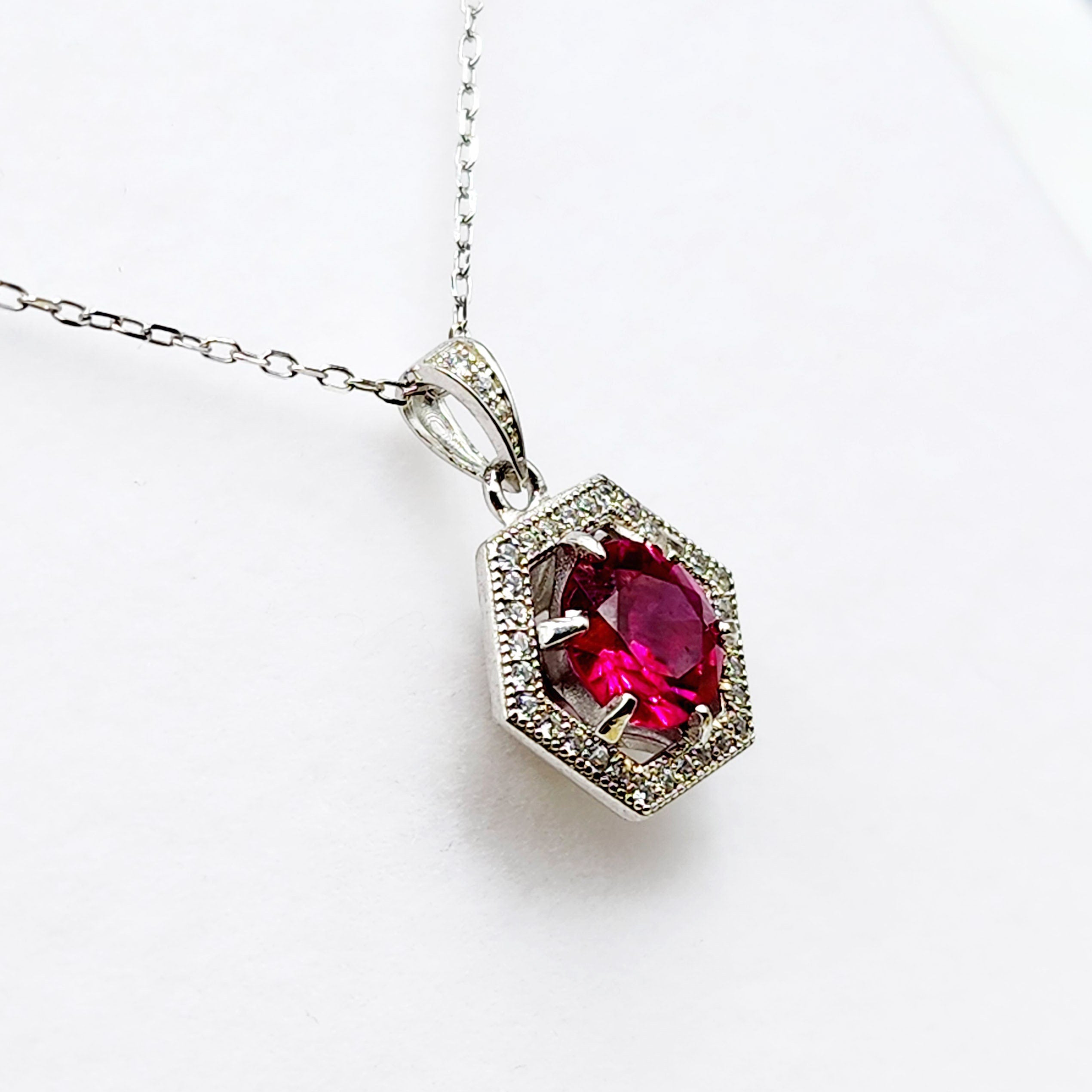 Sterling Silver Corundum and Cubic Zirconia Pendant Necklace, 925 Silver Pendant for Girls , Necklace for Women, Red Gemstone Jewelry