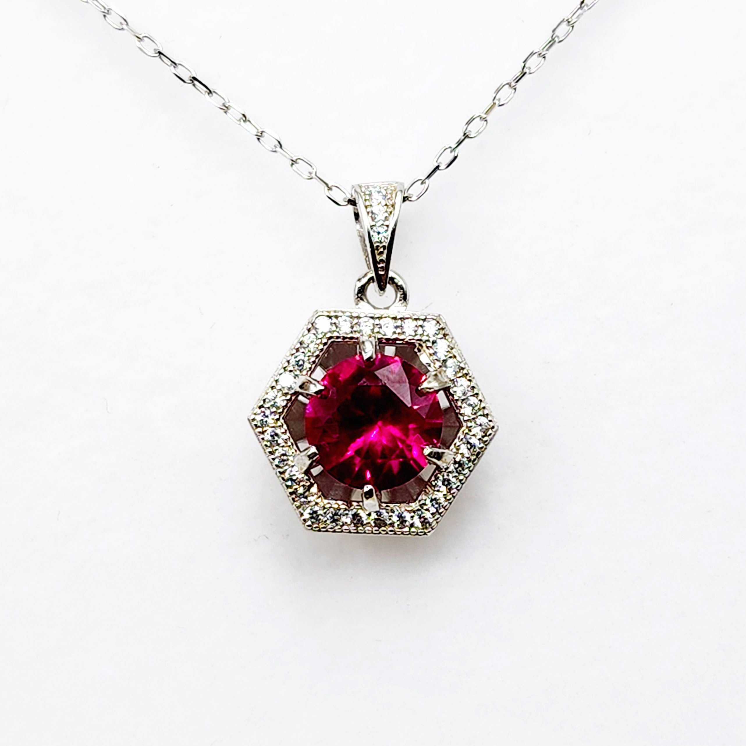 Sterling Silver Corundum and Cubic Zirconia Pendant Necklace, 925 Silver Pendant for Girls , Necklace for Women, Red Gemstone Jewelry