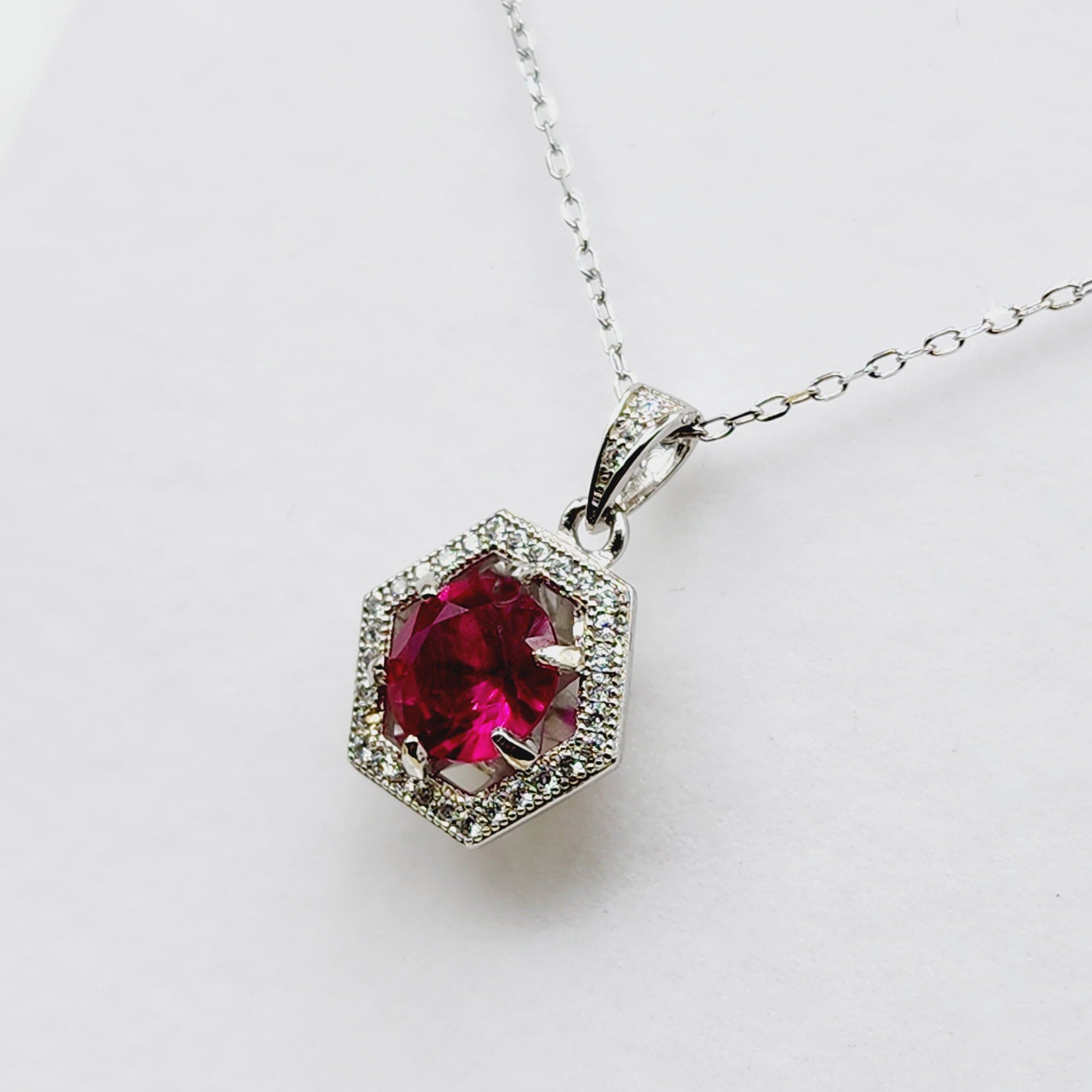 Sterling Silver Corundum and Cubic Zirconia Pendant Necklace, 925 Silver Pendant for Girls , Necklace for Women, Red Gemstone Jewelry
