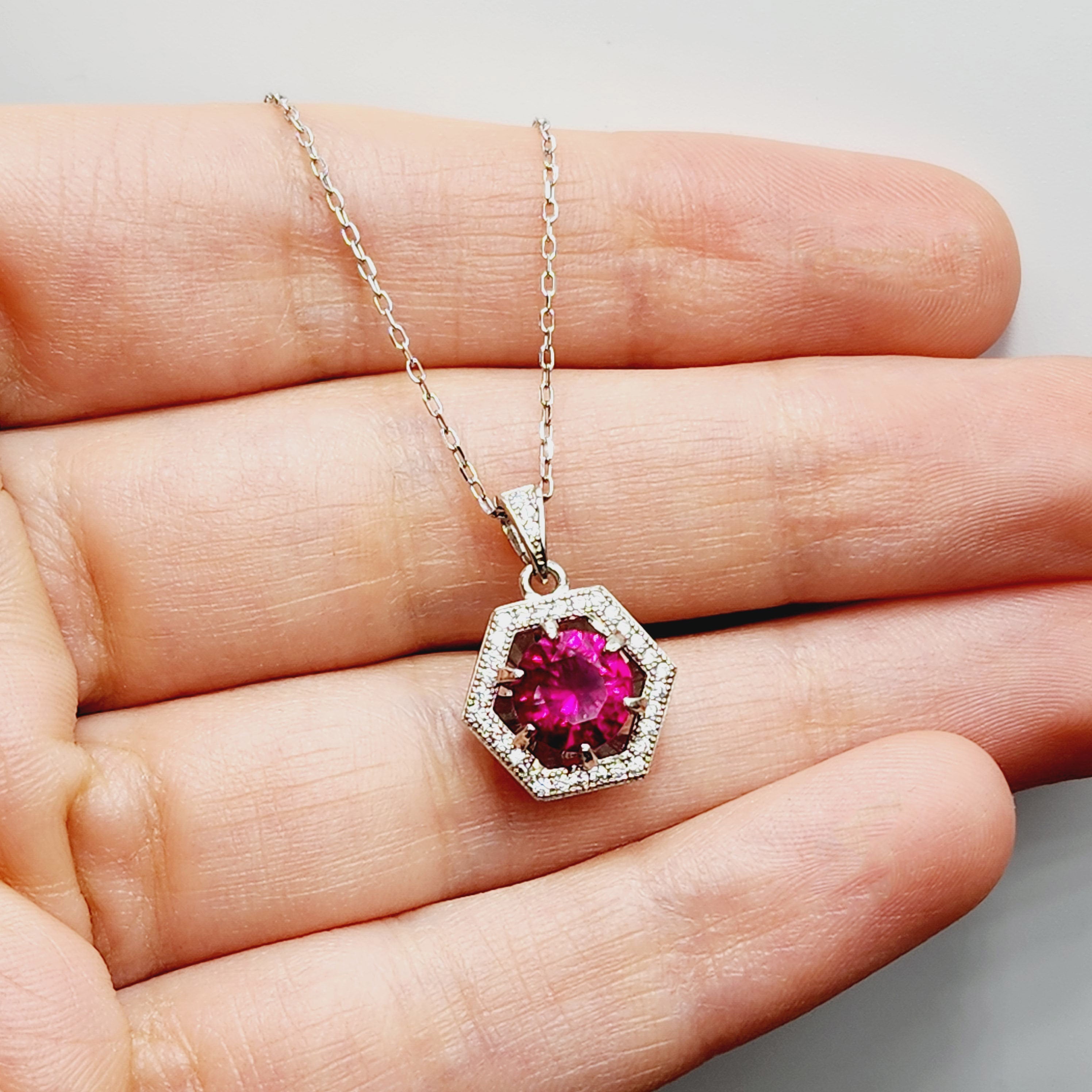 Sterling Silver Corundum and Cubic Zirconia Pendant Necklace, 925 Silver Pendant for Girls , Necklace for Women, Red Gemstone Jewelry