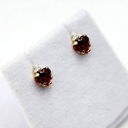 10K Yellow Gold Heart Garnet Stud Earrings, January Birthstone