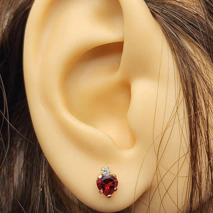 10K Yellow Gold Heart Garnet Stud Earrings, January Birthstone
