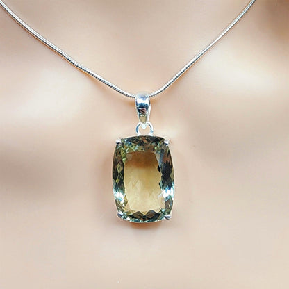 925 Sterling Silver Green Amethyst Necklace, Genuine Green Big Gemstone Pendant with Silver Chain for Men and Women, Large Pendant for Gift