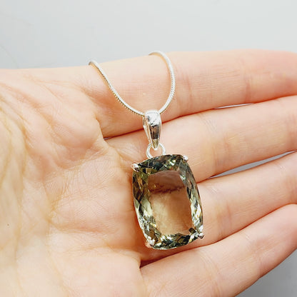 925 Sterling Silver Green Amethyst Necklace, Genuine Green Big Gemstone Pendant with Silver Chain for Men and Women, Large Pendant for Gift
