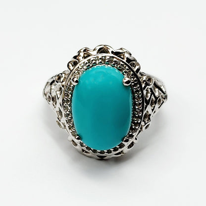 Sterling Silver Turquoise Ring, 925 Silver Genuine Turquoise with White Topaz Ring, Blue Gemstone Big Ring