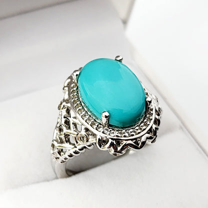 Sterling Silver Turquoise Ring, 925 Silver Genuine Turquoise with White Topaz Ring, Blue Gemstone Big Ring