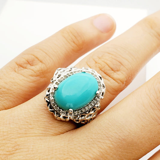 Sterling Silver Turquoise Ring, 925 Silver Genuine Turquoise with White Topaz Ring, Blue Gemstone Big Ring