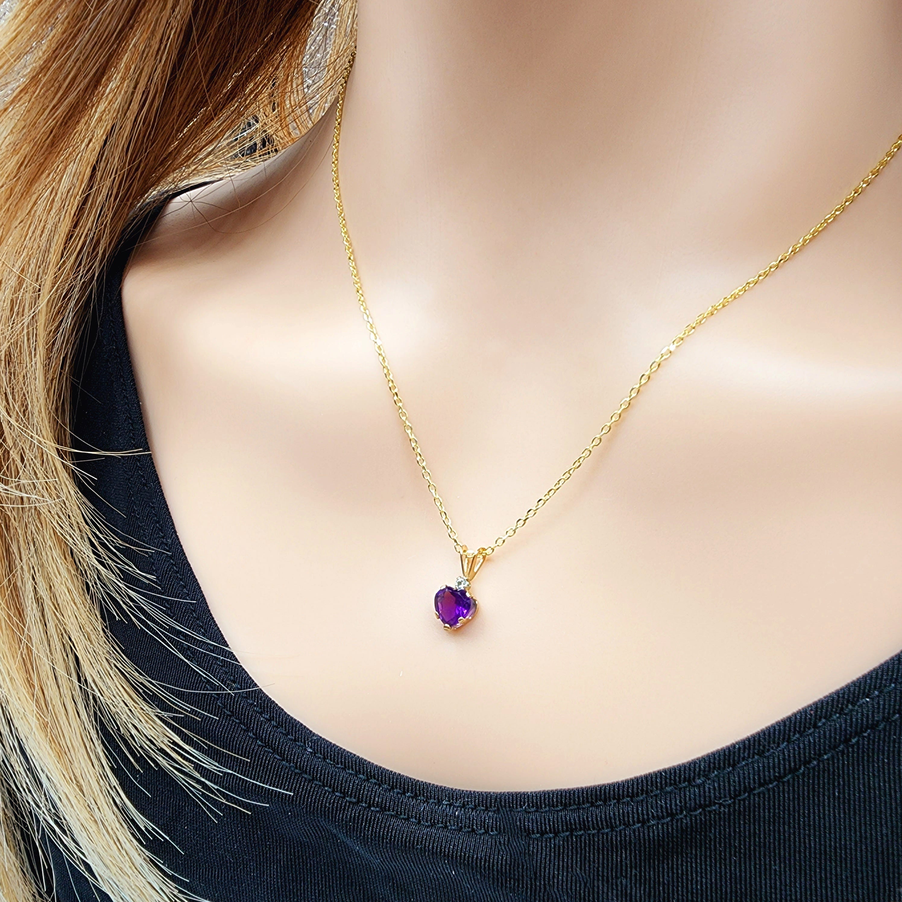 Gold Genuine Amethyst Pendant Necklace, 10K Yellow Gold Genuine Amethyst 6x6mm Pendant, Heart Shaped Purple Amethyst Pendant for Her