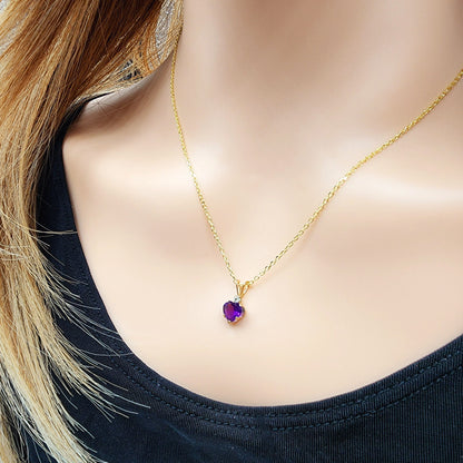 Gold Genuine Amethyst Pendant Necklace, 10K Yellow Gold Genuine Amethyst 6x6mm Pendant, Heart Shaped Purple Amethyst Pendant for Her