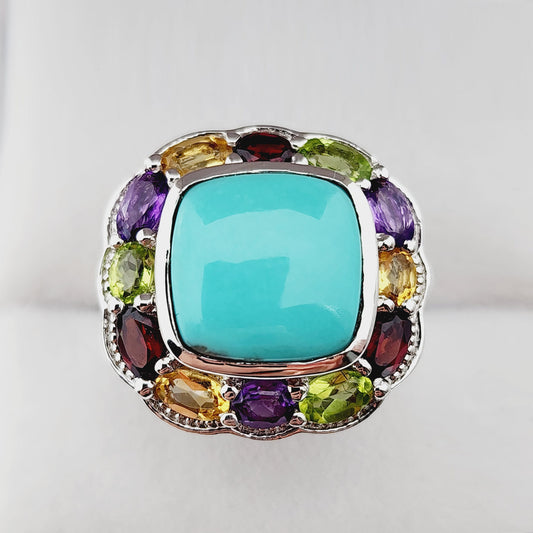 Sterling Silver Square Turquoise Ring with Genuine Gemstone, Family Birthstone Ring, Dainty Birthstone Ring, Multiple Birthstone Ring
