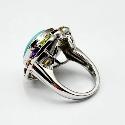 Sterling Silver Square Turquoise Ring with Genuine Gemstone, Family Birthstone Ring, Dainty Birthstone Ring, Multiple Birthstone Ring