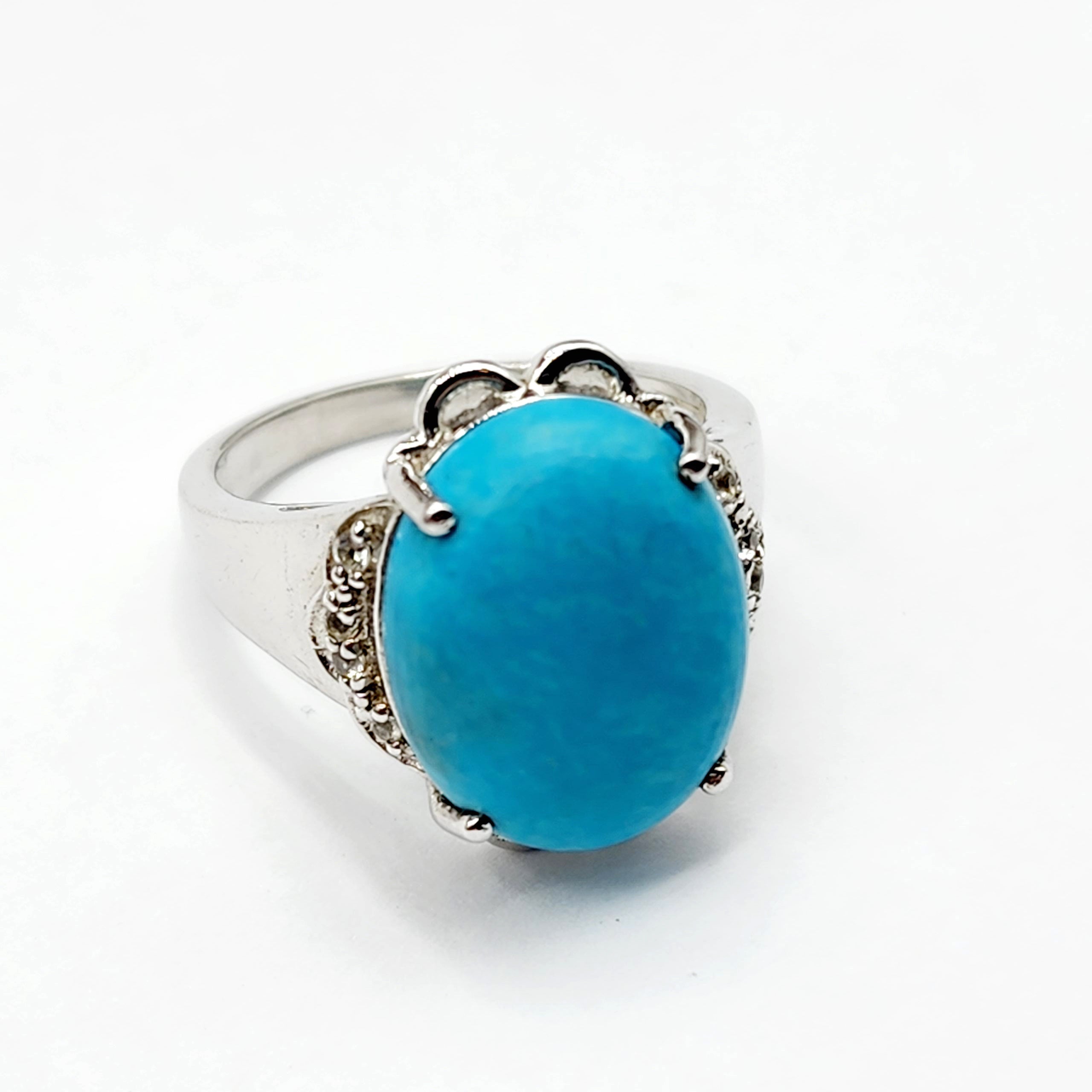 Sterling Silver Turquoise Ring, 925 Silver Genuine Turquoise with White Topaz Ring, Blue Gemstone Big Ring For Gift
