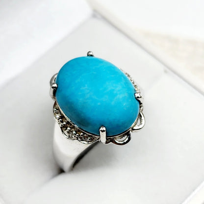 Sterling Silver Turquoise Ring, 925 Silver Genuine Turquoise with White Topaz Ring, Blue Gemstone Big Ring For Gift